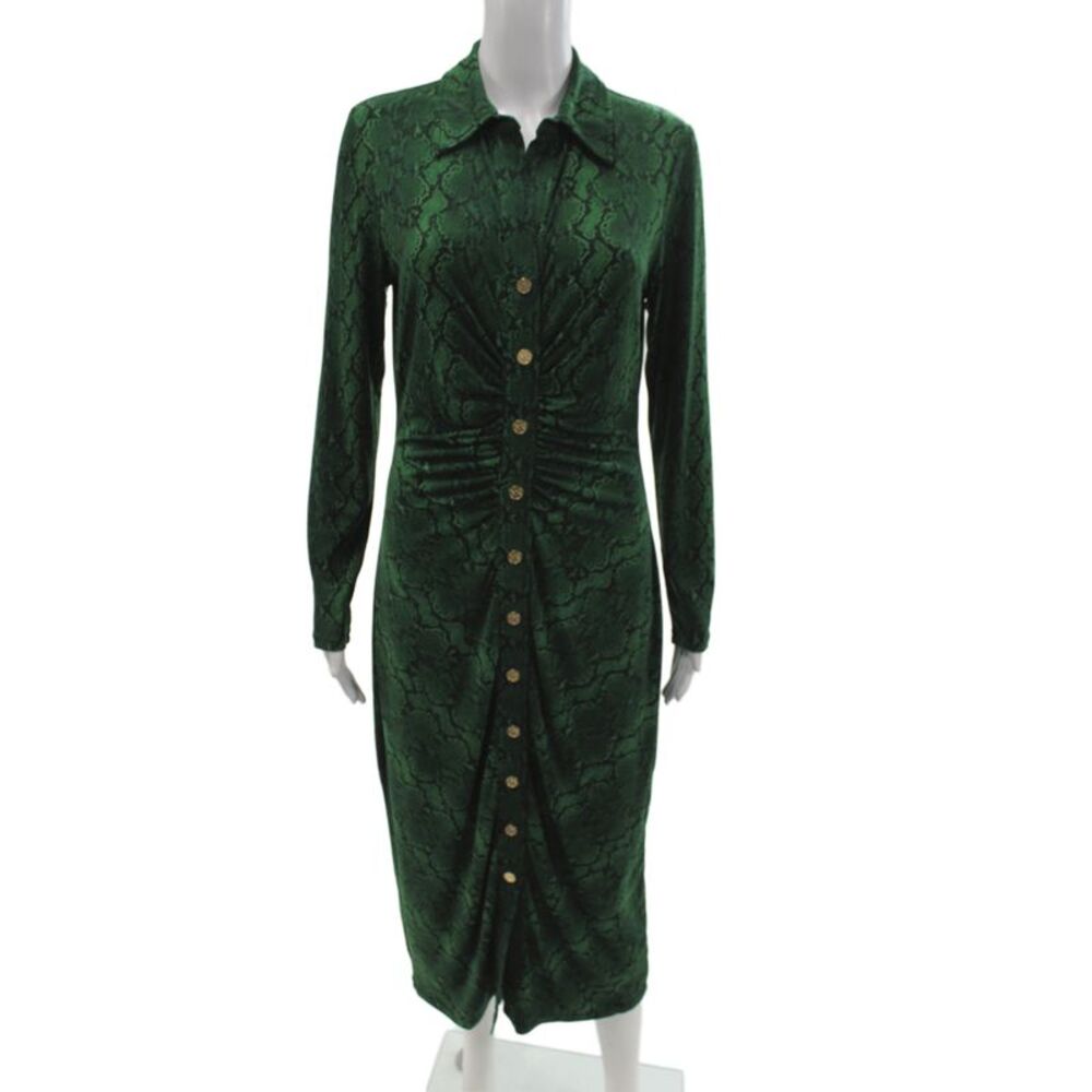 Michael Michael Kors Women Shirt Dress Green Animal Print Long Sleeve Size M
